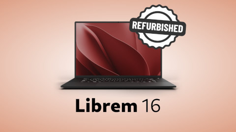 [Embedded image of an open Librem 16 laptop facing the viewer, and a &lsquo;refurbished&rsquo; logo above the computer]