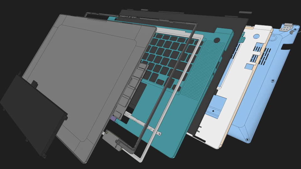 Embedded image of Librem 16 wireframe CAD models spread apart as if they were placed on a bookshelf